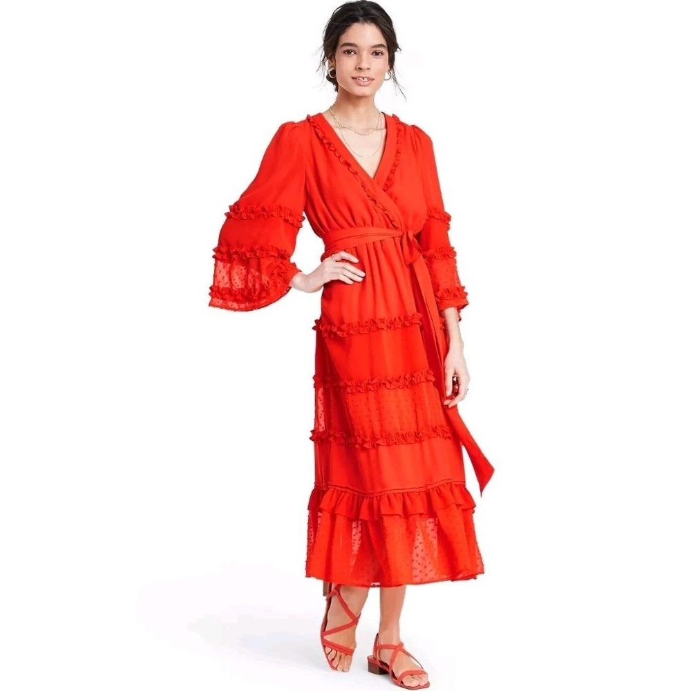 Alexis for Target Red Clip Dot Ruffle Tiered Midi Dress XXS Bell Sleeve W